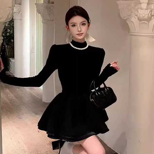 LeCali Hepburn style dress for spring and autumn with ballet princess style tutu skirt bottoming half turtleneck little black dress Hepburn style dress XL without pearl chain