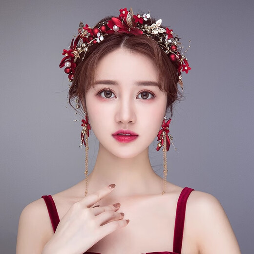 QBILY 新娘头饰 结婚红色发箍婚纱发饰中式敬酒服森系礼服配饰女秀禾服 红色【发箍+耳环】耳夹款