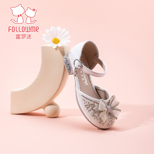 Fuluo Mi Girls Sweet Bow Rhinestone Princess Shoes Fashionable Soft Sole Crystal Shoes Pearlescent White 34