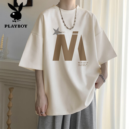 花花公子（PLAYBOY）杏色短袖t恤男士夏季薄款潮牌宽松休闲半袖男生圆领五分T恤衣服 5012杏色 M 90-110斤可穿