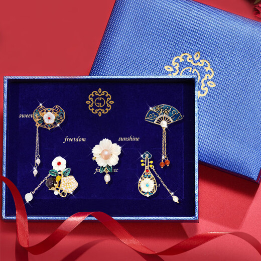 Ancient classic small brooch, high-end women's exquisite niche corsage gift box, light luxury and elegant pin, birthday gift for women, practical classical national fashion brooch five-piece set