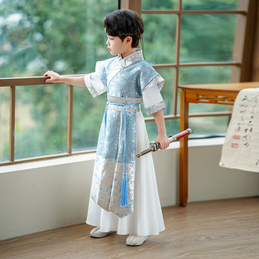 九能2025男童汉服新款夏季儿童中国风王爷古装龙年帅气高端演出服六一 长风短袖 130 适合123-133/26-31KG