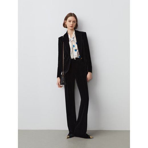 Langzi French retro velvet lapel collar black suit jacket for women winter new commuter suit top night black 2 L