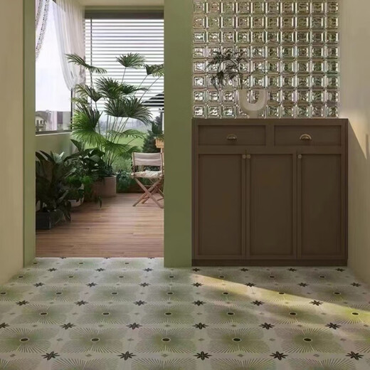 XMSJ定制南洋复古300x300花砖网红防滑哑光卫生间厨房法式绿色地砖瓷 3291
