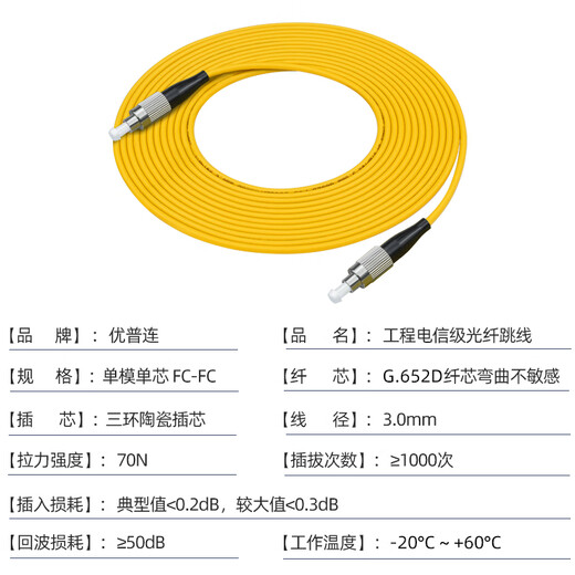优普连 电信级光纤跳线单模单芯SC转SC/FC/LC/ST室内软光纤线 光纤延长线 方转圆光缆尾纤线 电信级单模单芯FC-FC  40米