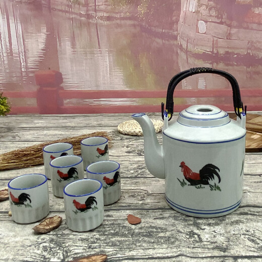 Pengbo Furui old-fashioned herbal teapot nostalgic ceramic teapot large household high temperature resistant large capacity single pot tea making rooster kettle green chicken 1.6 liter pot with 6 half-grain cups 1L or more