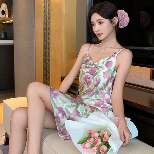 北极绒（Bejirog）吊带冰丝睡裙女士夏季天性感睡衣ins印花纯欲风连衣裙家居服薄款 11949 M