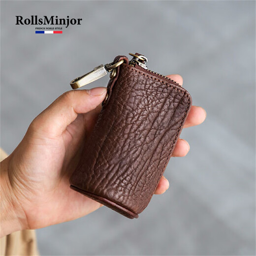 劳斯名爵（RollsMinjor）英国品牌真皮男士小汽车钥匙包头层牛皮多功能零钱迷你锁匙收纳袋 黑色 6*5*10CM