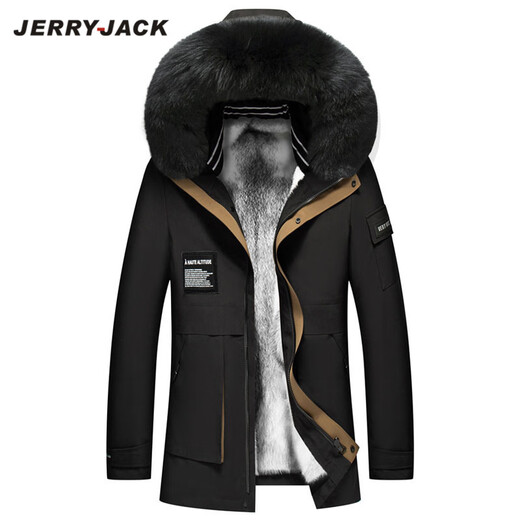 JERRYJACK men's parka with full mink fur lining and removable fur one-piece winter warm coat, fashionable men's coat, off-white + silver fox fur collar + white mink lining M/170