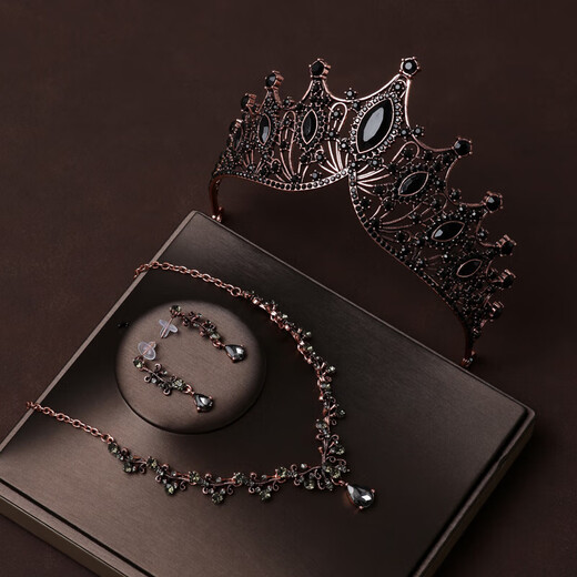 Shijun (SHIJUN) Baroque European and American Black Retro Crown Wedding Bride Headdress Gown Necklace Three-piece Set Wedding Jewelry Gift Black Crown Three-piece Set (Earing Style)