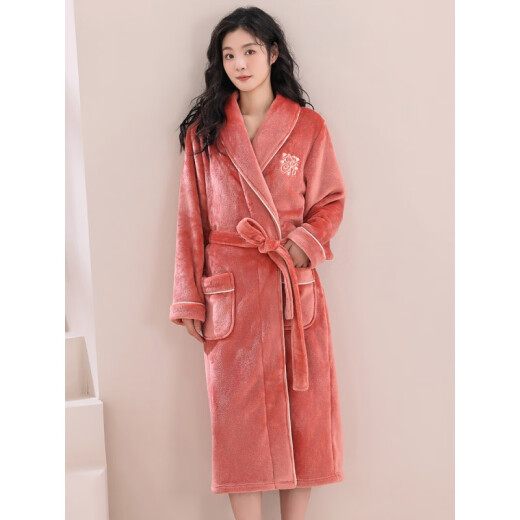 Gold number plus velvet flannel bath towel bathrobe thickened coral velvet pajamas for women autumn and winter plus velvet flannel bathrobe pink color matching (new) M