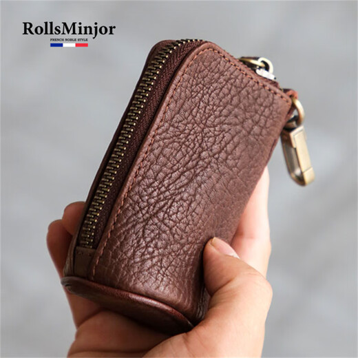 劳斯名爵（RollsMinjor）英国品牌真皮男士小汽车钥匙包头层牛皮多功能零钱迷你锁匙收纳袋 黑色 6*5*10CM