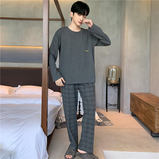 Men's pajamas for men in spring, autumn and winter, long-sleeved casual loose plus fat plus large size simple round neck to wear home clothes outside YEX9906 2XL (recommended 150-175 Jin [Jin equals 0.5 kg]) All size