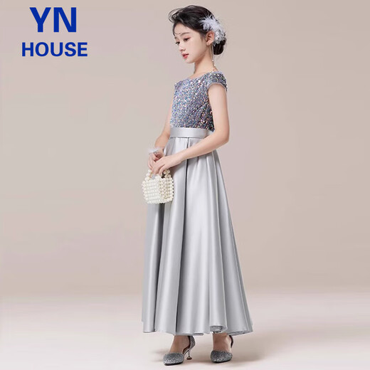 衣诺坊儿童礼服女童长裙演出服主持人表演舞蹈裙 灰色：缎摆长裙 140cm