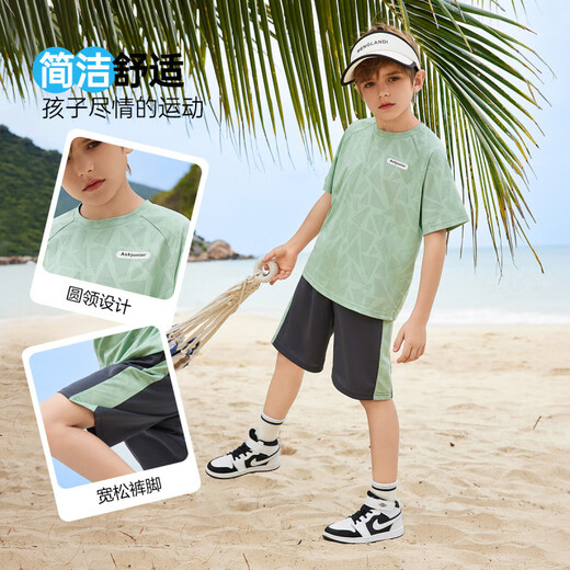 ASK JUNIOR儿童运动套装25夏季薄款男童短袖女童t恤短裤速干跑步 绿色【JE2MHS13918M】 150