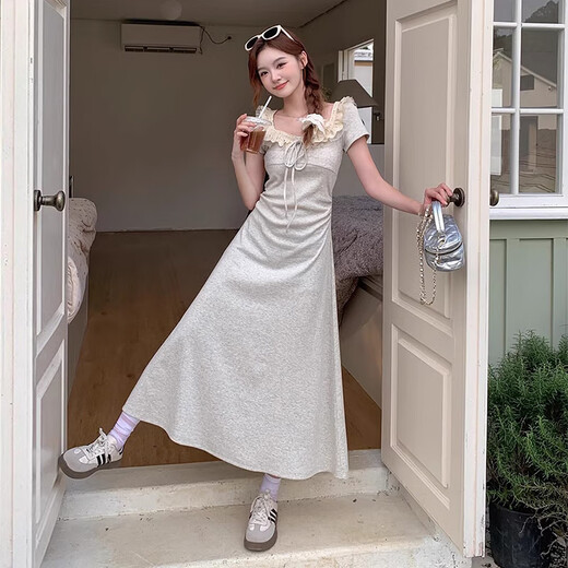 GOCHIEI summer niche design lady style lace splicing lace versatile waist short sleeve square collar temperament mid-length skirt lace-up mid-length skirt M recommended 90-105 Jin Jin equals 0.5 kg