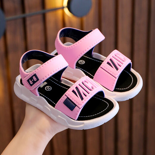 Miao Fei Girls Sandals 2024 New Summer Middle and Older Girls Soft Sole Anti-Slip Boys Baby Shoes Children's Beach Sandals 909+8K Pink 24