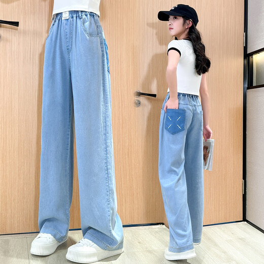 
Pig Pitt (PIG/PETER) girls' pants for summer thin children's tensile soft jeans big children's summer new ice silk straight wide-leg pants 15013 blue + 9922 white 170 cm