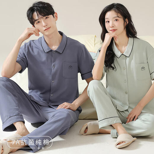 莫代尔情侣睡衣女夏季纯棉短袖男士长裤开衫男士大码纯棉夏天家居服套装 01N12605男 M 女-