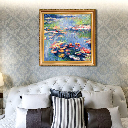 Imperial Flag Monet Water Lily Pure Hand-painted Oil Painting European Living Room Entrance Decoration Painting Hallway Dining Room Dining Room Bedroom Wall Painting 692 Gold Solid Wood Frame 120X120
