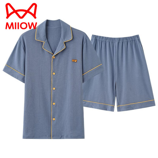 猫人（MiiOW）睡衣男士夏季纯棉短袖短裤开衫薄款大码纯色休闲家居服套装 逐月蓝12803【100纯棉】 3XL 【建议160-180斤穿】