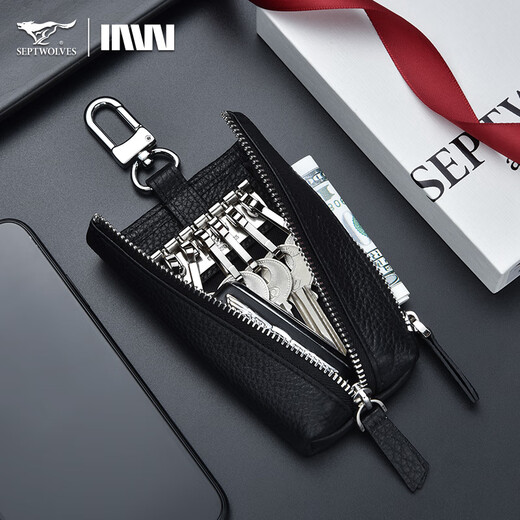 Sieben Wolves Herrenschlüsselbeutel Leder Reißverschluss Coupon Wallet Bag Coat Leder Speicher Herrenauto Schlüsselbund Schlüsselkette Schlüsselbeutel Neue Modellstart (Geschenkboxverpackung)