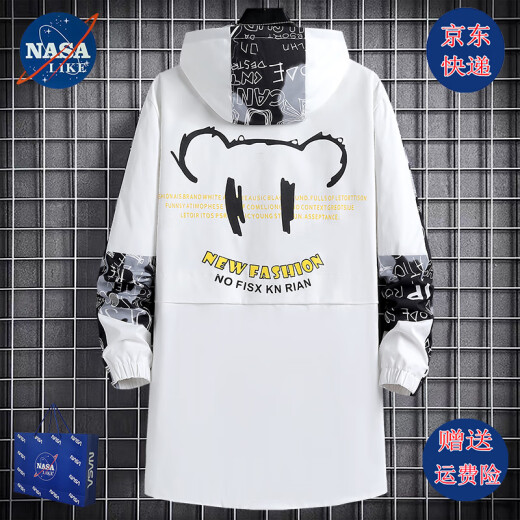 NASALIKE official trendy brand mid-length windbreaker jacket men's spring and autumn winter large-size hooded jacket student graffiti plus velvet jacket N73 white (spring and autumn style) XL (168-175cm 120-140Jin[Jin equals 0.5 kg])