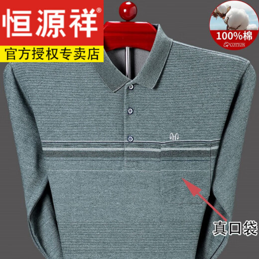 恒源祥纯棉长袖t恤男春秋冬季加绒翻领polo打底衫中老年爸爸真口袋上衣 NZC1098*T938 灰色 165/M【建议95-120斤】