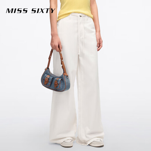 MISS SIXTY2025夏季新款牛仔裤女系带抽绳宽松奶白垂感阔腿裤长裤 奶白短版 XS