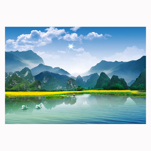 青山绿水油菜花客厅护眼绿色山水风景墙贴画自粘装饰挂画油画壁纸 dashan 1509 80*55厘米 PP背胶/裱膜较薄/背面撕掉可贴
