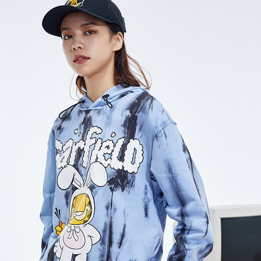 Fun trendy brand spring and autumn new tie-dyed Garfield and Rabbit print cartoon hooded sweatshirt women's casual unisex jacket daylight blue S/160
