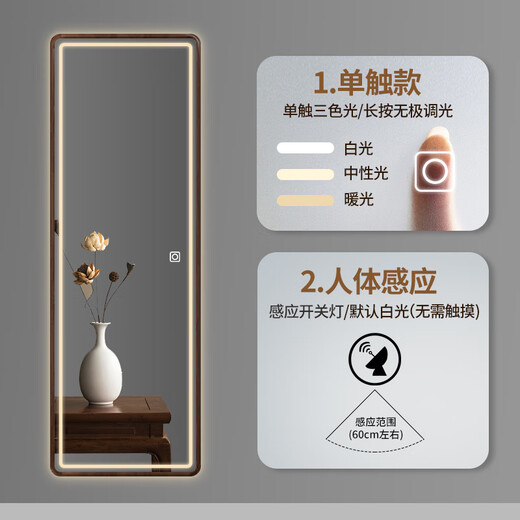 巴布奇中古风宋式美学黑胡桃穿衣镜灯镜大户型壁挂进口实木全身镜试衣镜 40*150cm 单触三色