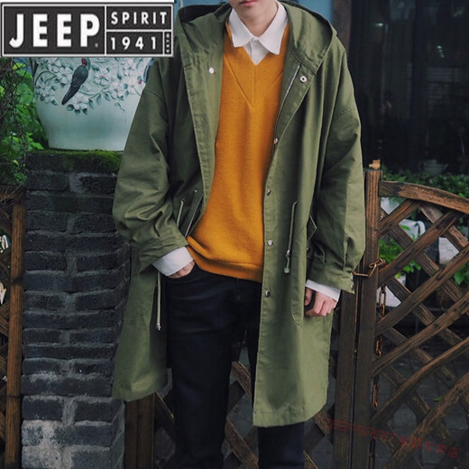 JEEP SPIRIT windbreaker jacket men's mid-length simple 2025 spring and autumn loose trend hooded handsome temperament casual coat black black cotton S suitable for weight 95-125Jin Jin is equal to 0.5 kg