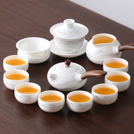 Shangyanfang mutton-fat jade porcelain Kung Fu tea set complete set of high-end home and office ceramic tea tray tea making tools and supplies 3 8-cup drinking version ink set