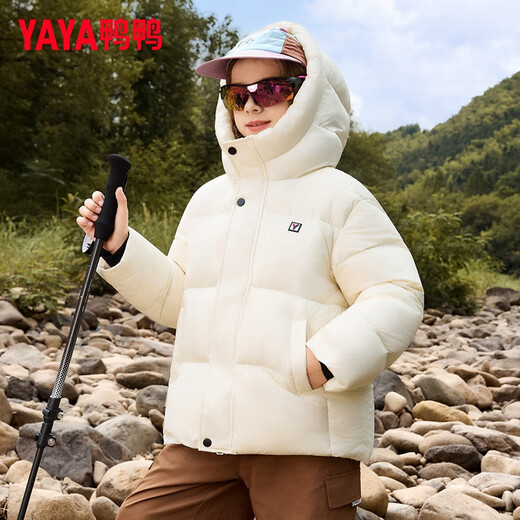 YAYA children's down jacket 2025 winter new style for boys and girls parent-child wear hooded bread coat thick short down jacket oatmeal color 120