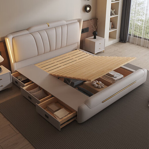 Light luxury leather bed master bedroom queen bed modern simple double bed 1.8 meters storage soft package wedding bed 2 meters leather bed with light high quality leather bed color remarks - delivery to home 1800mm*2000mm frame structure