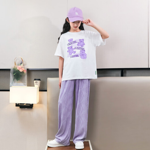 NICKYBABY女童夏季短袖套装2025新款洋气时髦童装中大童儿童两件套休闲夏装 15009紫色+9905白色【套装】 120