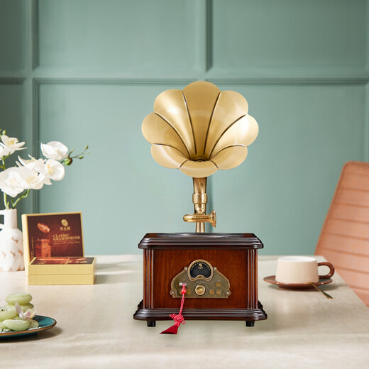 Canna retro mini CD gramophone European bluetooth hifi speaker old antique home CD player living room ornaments simulated vinyl record player D99 birthday gift D99MAX version walnut color + Chinese culture charger and plug-in dual-purpose (10 CD discs)