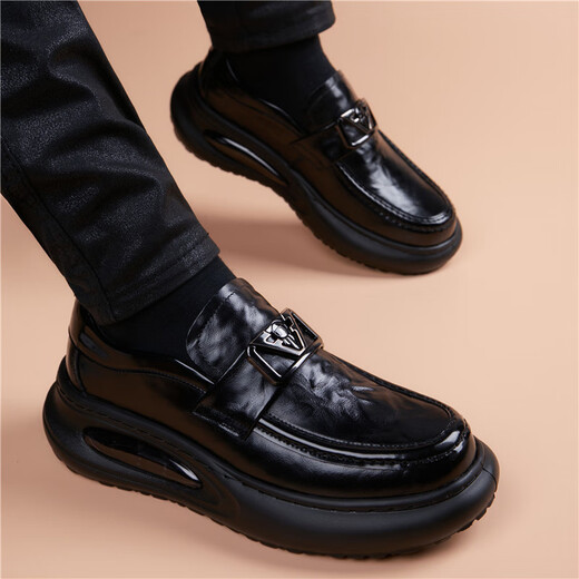 BABOCHEN 2025 new business leather shoes men's thick-soled versatile first-layer cowhide trendy slip-on air cushion formal casual leather shoes black 38