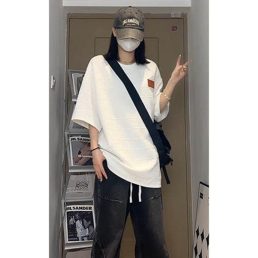 
POUM waffle short-sleeved T-shirt men's summer Hong Kong style loose casual simple high-end top round neck large size breathable short-sleeved HN-T3519 white L (recommended 110-130Jin [Jin equals 0.5 kg])