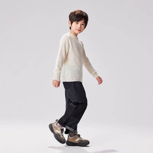 
EBAER Merino Wool Children's Sweater and Wool Sweater 2024 Autumn and Winter Boys and Girls Bottom Shirt Almond White 130cm