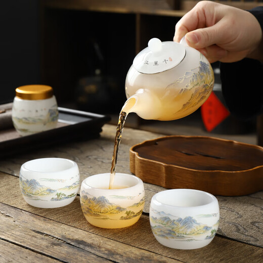 Beautiful and high-quality white jade glazed tea set Chinese style household jade porcelain Qianli Jiangshan light luxury Kung Fu tea set teapot one pot four cups Qianli Jiangshan covered bowl tea set white