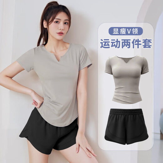 Bo Naling Yoga Wear Outdoor Sports Suit Women's Fitness Running Wear Pilates Loose Slimming Short Sleeve Elastic Quick-Drying Clothes Summer Short Sleeve Yoga Wear Suit Gray + Black M