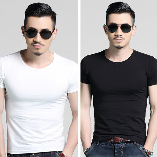 2 pieces of men's short-sleeved T-shirts slim fit summer half-sleeved black and white pure white tight-fitting bottoming shirt trendy brand QM round neck black + round neck army green XL 130-145Jin Jin equals 0.5 kg