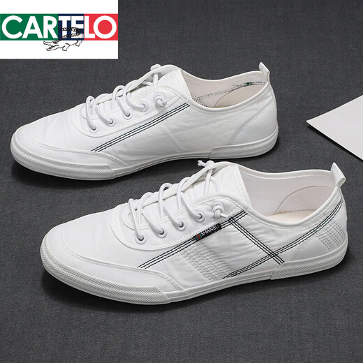 CARTELO neue Sommer-Leinwandschuhe für Herren, koreanische Version, vielseitige Freizeitschuhe, atmungsaktive Jugend-Schnürschuhe aus Eisseidenstoff, weiße Schuhe für Herren, weiß 21011 38