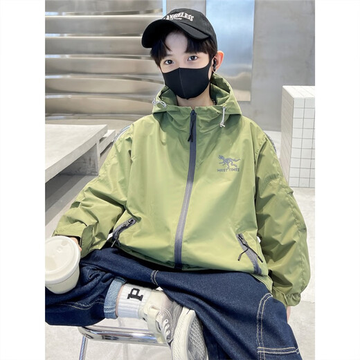 Boys Autumn Korean Jacket Big Children Spring Autumn Solid Color Boys Hooded Sports Handsome Thin Jacket Trendy NN-A12 Green 170cm