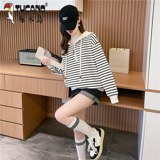 啄木鸟条纹卫衣女连帽2024秋季新款韩版大码宽松设计感减龄百搭长袖上衣 图片色 6625 2XL 125-135斤