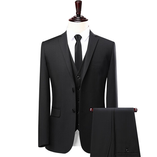 GOKU suit suit men's black business men's suit high-end gentleman professional formal suit three-piece job interview work black two-button suit + shirt + pants + tie 175A (134-143Jin Jin equals 0.5 kg)