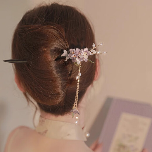 Bai Shilin Super Immortal Wisteria Flower Hairpin Simple Modern Wooden Hairpin Ancient Style Cheongsam Hanfu Accessories Original Design Wisteria Flower Hairpin