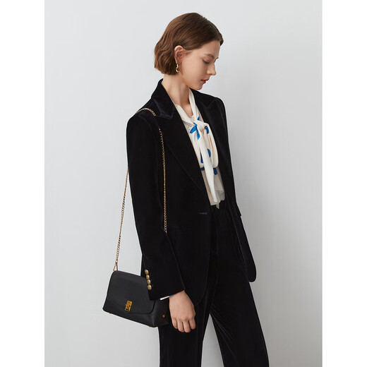 Langzi French retro velvet lapel collar black suit jacket for women winter new commuter suit top night black 2 L